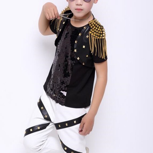 Boy's gold rivet fringes leather modern dance capes host singers stage performance hiphop drummer model show tops